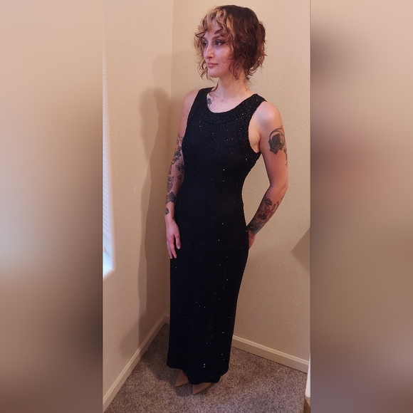 Vintage 80s Laurence Kazar Black Beaded Full Length Pencil Dress, Size M. - Picture 1 of 11
